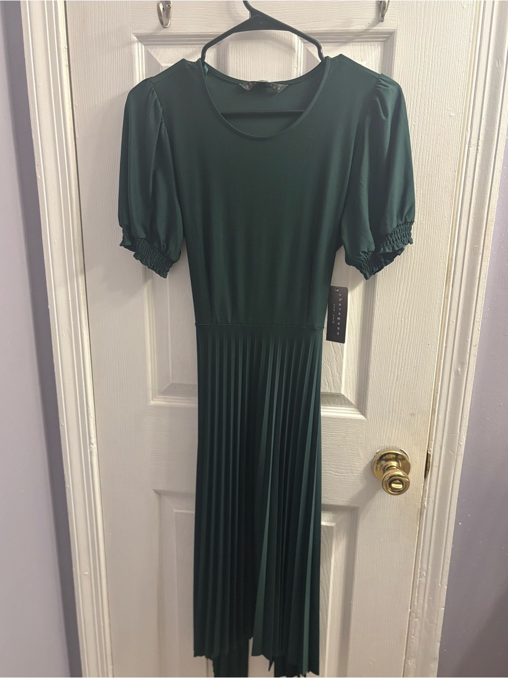 Sharagano Dark Green Pleated Midi Dress with Puff Sleeves